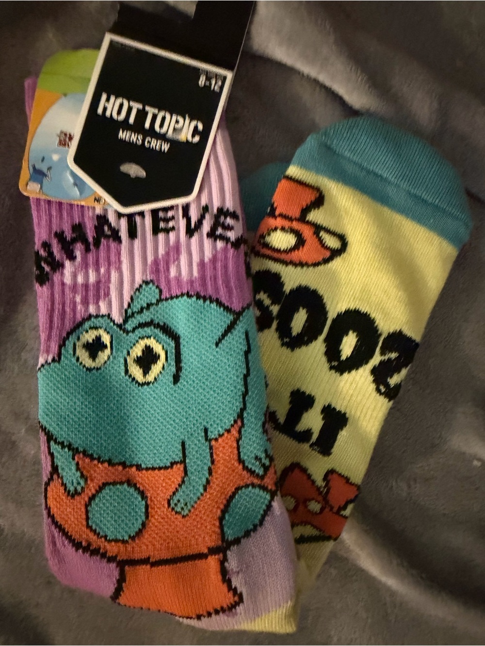 Hot Topic Men's Crew Socks - Cartoon Frog Graphic in Teal, Purple & Orange